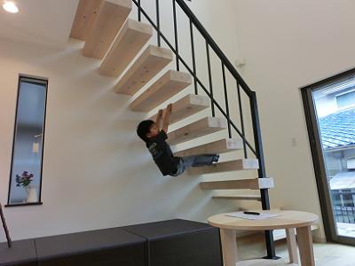 冬は暖かく、夏は涼しいゼロ・エネ住宅。　ＬＤＫの壁からつきでた紀州ひのきの踏板 ・ 匠の階段